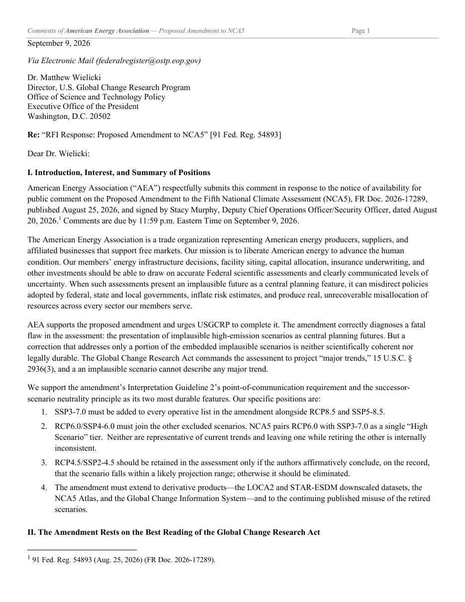 American Energy Comment to OSTP on the Proposed Amendment to the Fifth National Climate Assessment Preview Image