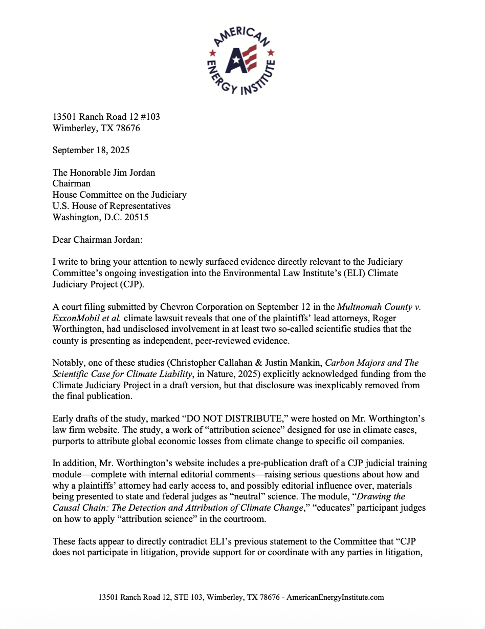 American Energy Institute Urges Oversight of ELI’s Climate Judiciary Project Preview Image