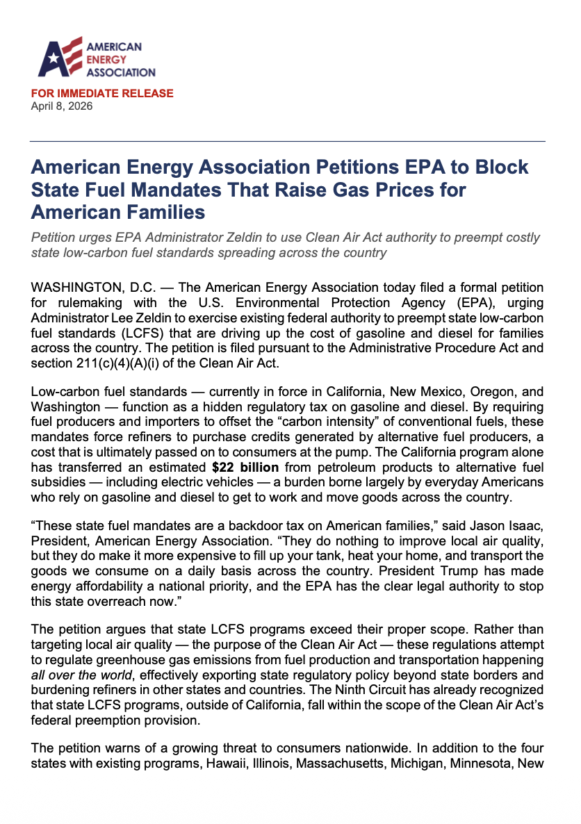 American Energy Petitions EPA to Block State Fuel Mandates That Raise Gas Prices for American Families Preview Image